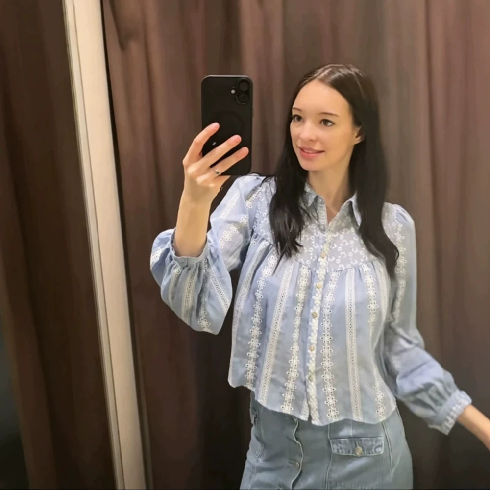ZARA Simple Versatile Light Blue Embroidered Shirt Fall
